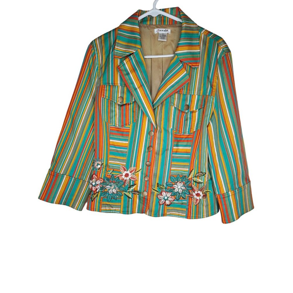 Jendo Multicolor Striped Embroidered Floral Embellished Lined Jacket Blazer FLAW
